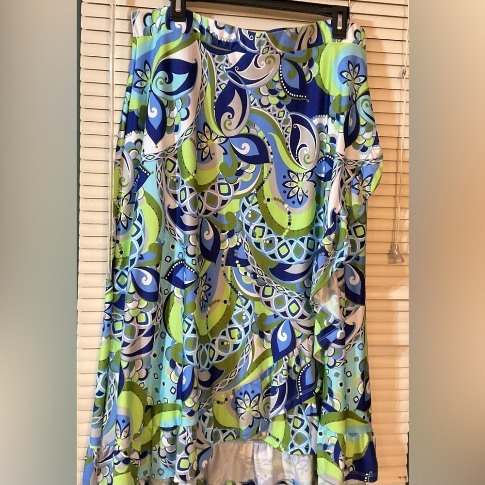 Robert Louis High Low Faux Wrap Skirt Size XL Ruffle Hem Blue Green White